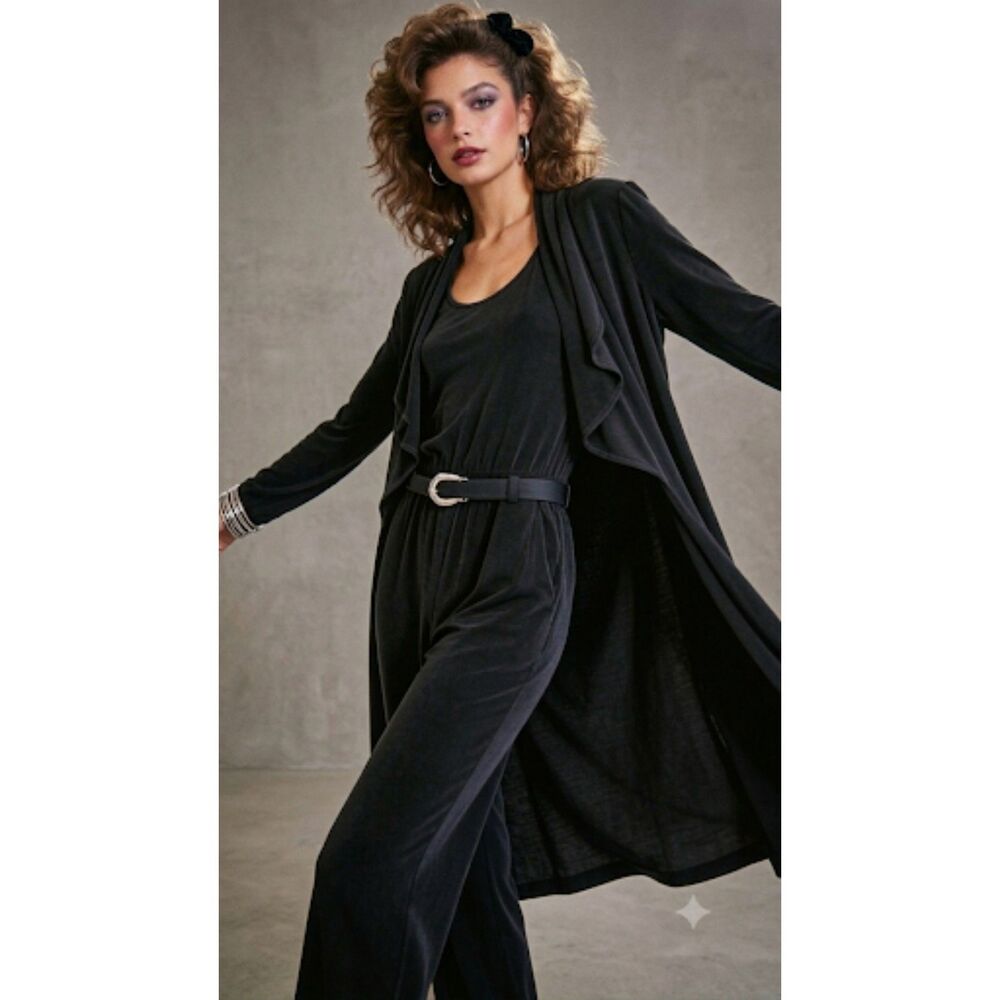 VTG 80s Cache M Jumpsuit Wide Leg Duster Cardigan Belt Black Liquid Knit Slinky - Picture 2 of 12